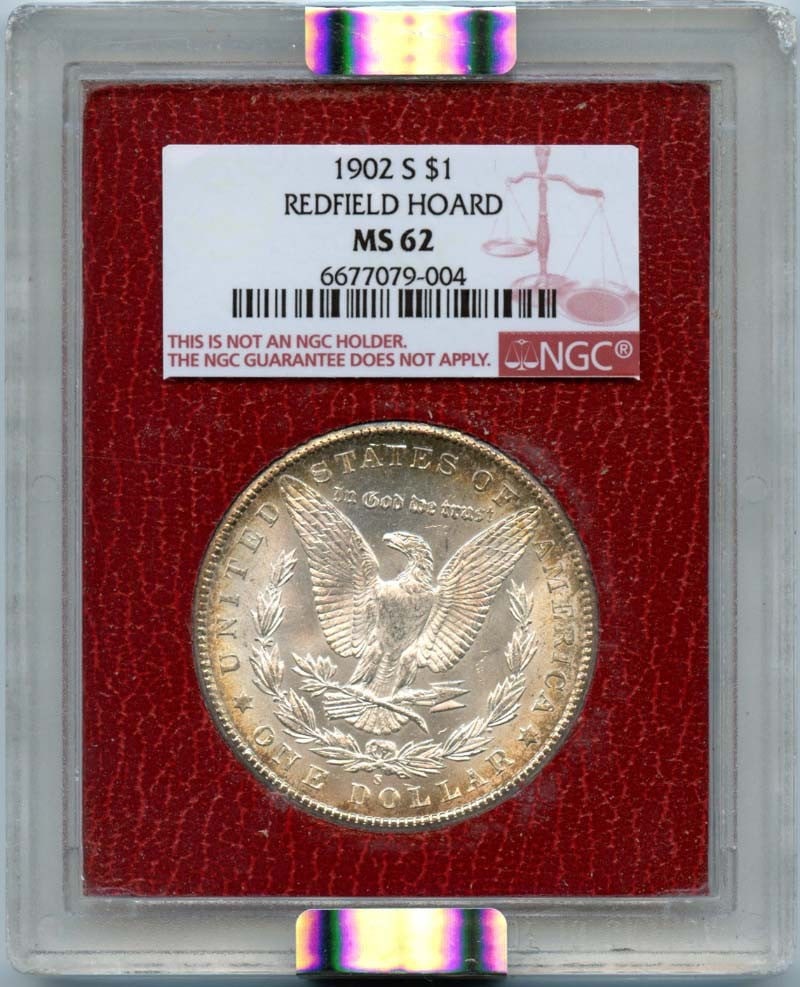 1902-S NGC MS62 Morgan Dollar Redfield Hoard Uncirculated: 1902-S NGC MS62 Morgan Dollar Redfield Hoard Uncirculated This 1902-S Morgan Dollar is a stunning example of numismatic excellence, certified by NGC with a grade of MS62. Struck in San Francisco, this