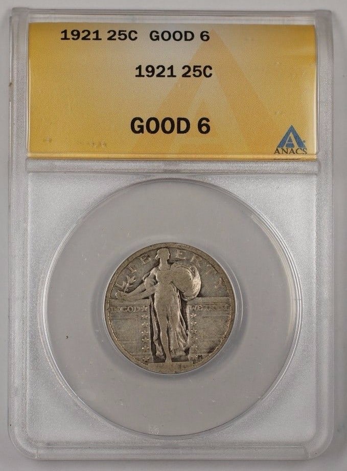 ANACS G-6 1921 Silver Standing Liberty Quarter Coin: ANACS G-6 1921 Silver Standing Liberty Quarter Coin This 1921 Standing Liberty Quarter is a 25-cent silver coin certified by ANACS with a grade of G-6. Minted in Philadelphia, it is a circulated piece
