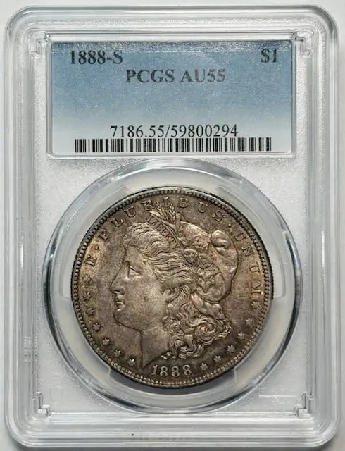 1888 S Morgan Silver Dollar PCGS AU55 Certified San Francisco: 1888 S Morgan Silver Dollar PCGS AU55 Certified San Francisco This 1888 S Morgan Silver Dollar is a stunning piece of numismatic history, certified by PCGS with a grade of AU 55. Struck in silver at t