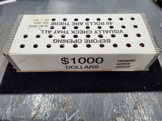Sealed Box of 1000 2011-P Andrew Johnson $1 Uncirculated Presidential Coins: Sealed Box of 1000 2011-P Andrew Johnson $1 Uncirculated Presidential Coins This is a sealed box containing 1,000 uncirculated 2011-P Andrew Johnson Presidential Dollar coins. Each coin was minted at