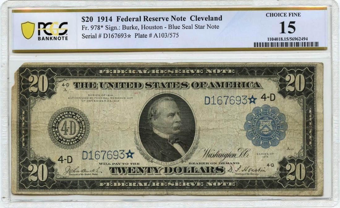 1914 $20 Federal Reserve Note Cleveland PCGS F15 Certified: 1914 $20 Federal Reserve Note Cleveland PCGS F15 Certified This 1914 $20 Federal Reserve Note from Cleveland, OH, is a notable collectible for currency enthusiasts. Certified by PCGS with a certificat