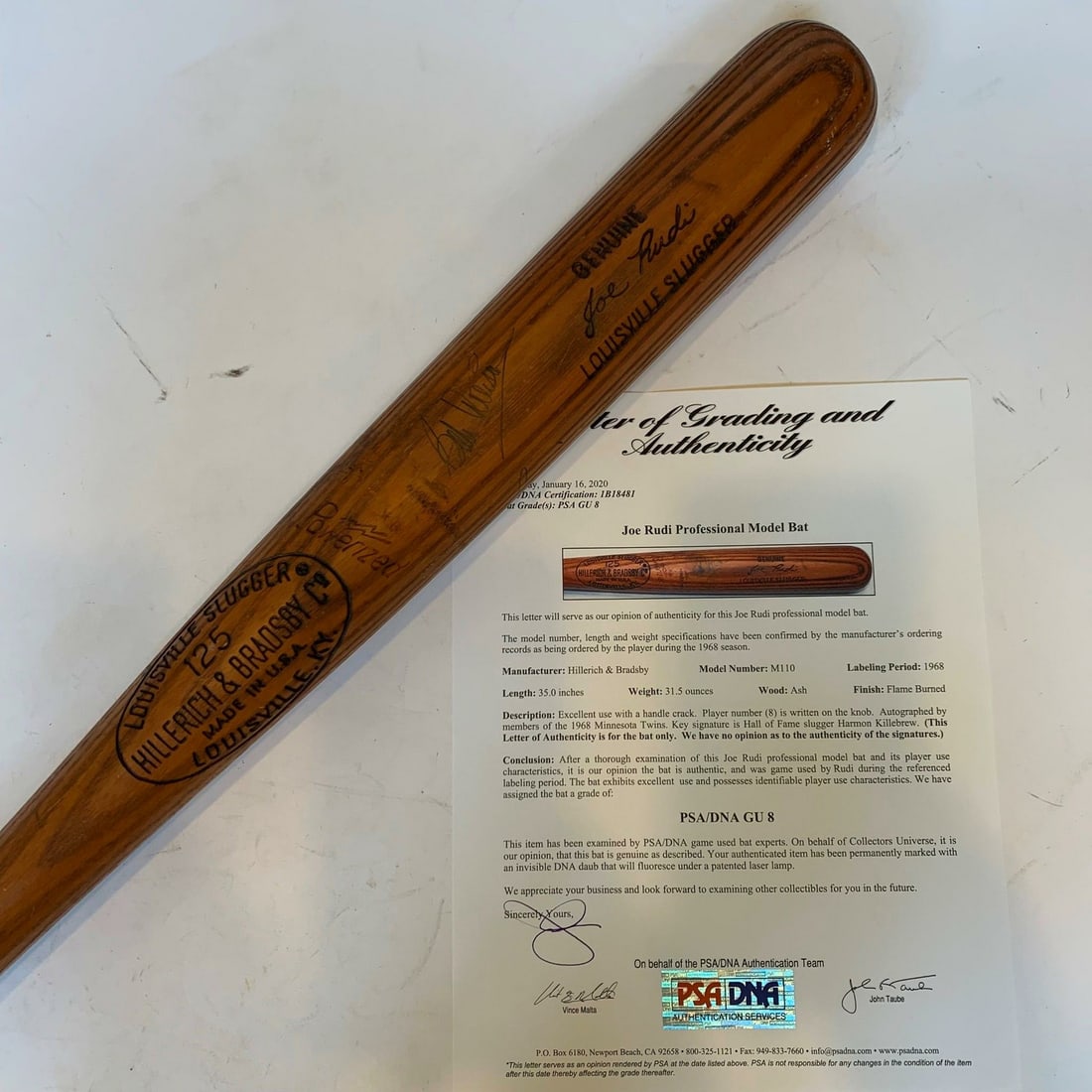 1968 Joe Rudi Game Used Bat Signed Minnesota Twins PSA DNA 8: 1968 Joe Rudi Game Used Bat Signed Minnesota Twins PSA DNA 8 This rare 1968 Joe Rudi rookie era game-used Louisville Slugger bat is a remarkable collectible for any baseball enthusiast. The bat is sig