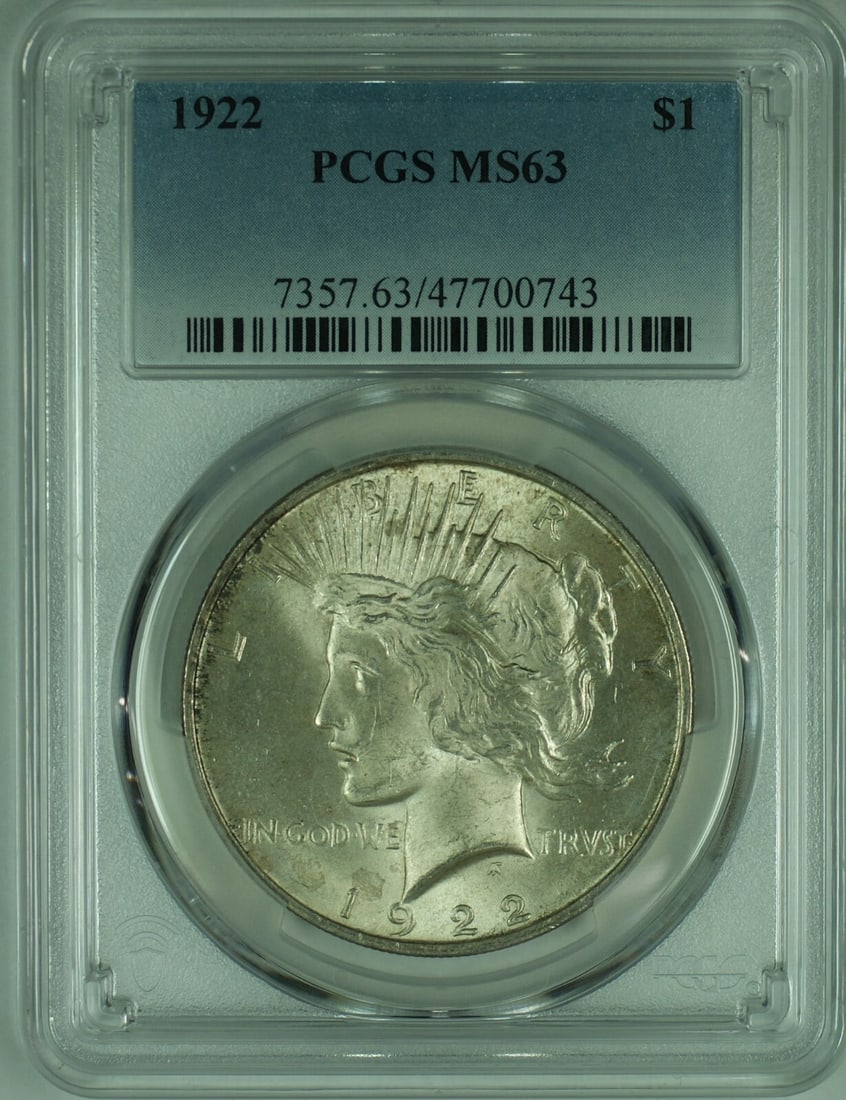 Four 1922 Peace Silver Dollars PCGS MS 63 Certified Uncirculated: Four 1922 Peace Silver Dollars PCGS MS 63 Certified Uncirculated This is a 1922 Peace Silver Dollar coin from the United States, featuring a denomination of $1. The coin is composed of silver and is g