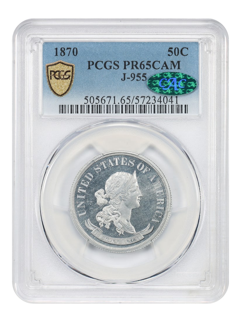1870 Judd-955 Aluminum 50 Cent Pattern Coin PCGS CAC PR65CAM: 1870 Judd-955 Aluminum 50 Cent Pattern Coin PCGS CAC PR65CAM This 1870 50-cent pattern coin, certified by PCGS and CAC as PR65CAM (J-955), is struck in aluminum and features a reeded edge. The obverse