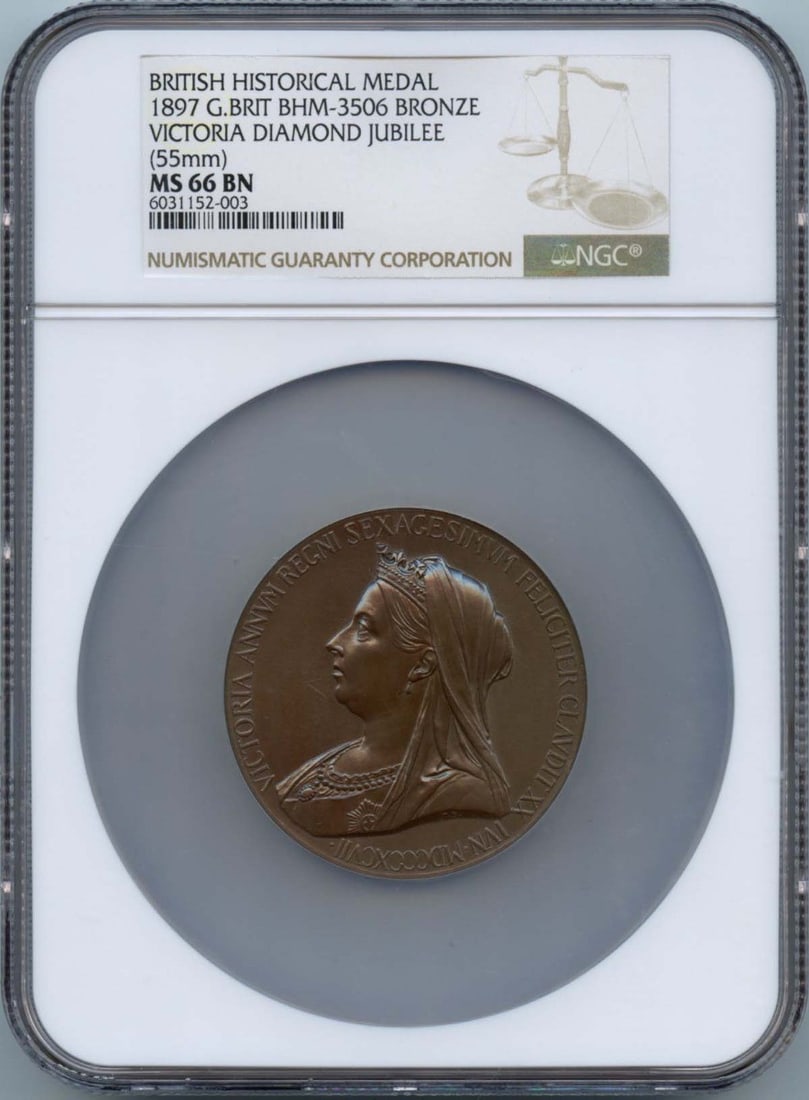 1897 Great Britain Victoria Diamond Jubilee NGC MS66BN 55mm Coin: 1897 Great Britain Victoria Diamond Jubilee NGC MS66BN 55mm Coin This stunning coin commemorates the Diamond Jubilee of Queen Victoria, issued in 1897. Graded as MS66 by NGC, this uncirculated specime