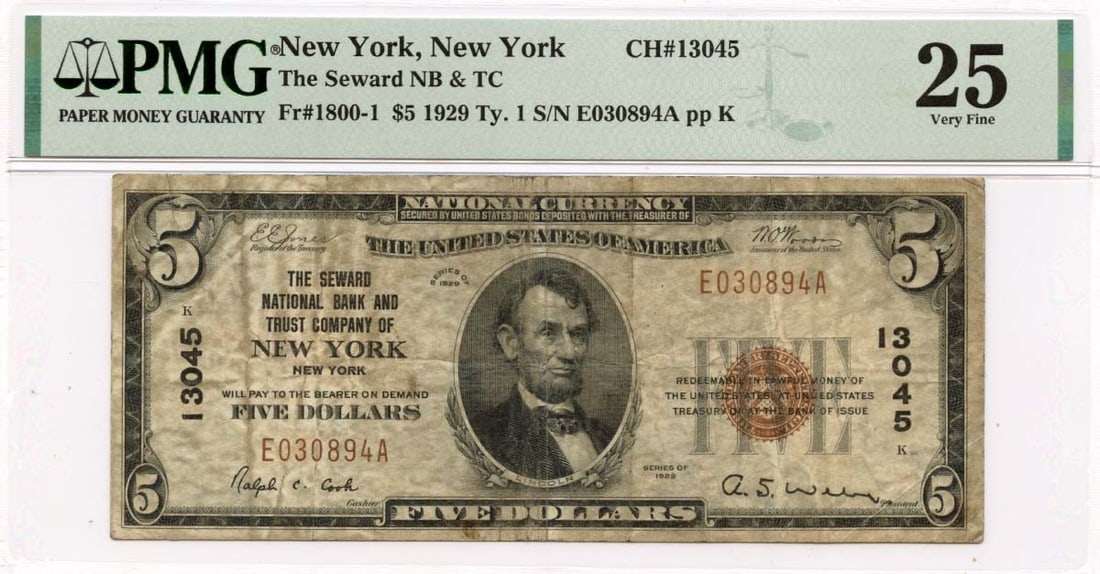 1929 Ty.1 Seward National Bank Note PMG VF25 New York: 1929 Ty.1 Seward National Bank Note PMG VF25 New York This 1929 Ty.1 Seward note, designated as CH# 13045, features a denomination of 1800-1 and has been graded by PMG at VF25. The note is circulated,