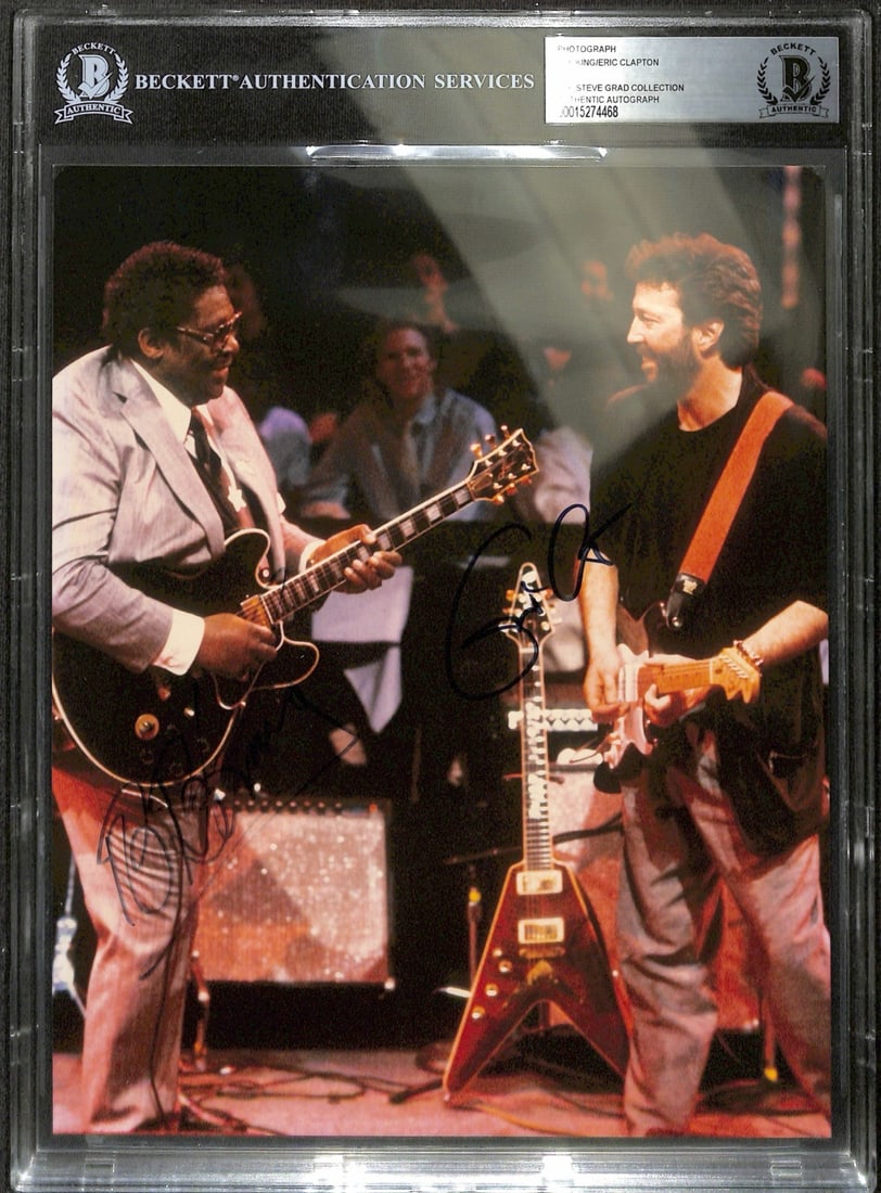 Eric Clapton B.B. King Dual Signed 8x10 Photo Beckett Encapsulated: Eric Clapton B.B. King Dual Signed 8x10 Photo Beckett Encapsulated This remarkable 8x10 color photograph features the legendary guitarists Eric Clapton and B.B. King, both of whom have left an indelib
