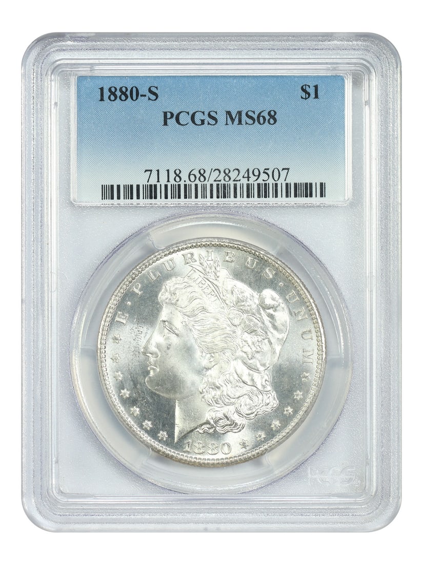 PCGS MS68 Certified 1880 San Francisco Morgan Silver Dollar: PCGS MS68 Certified 1880 San Francisco Morgan Silver Dollar This 1880-S Morgan Dollar is graded MS68 by PCGS, indicating an uncirculated and ultra-gem condition. Struck at the San Francisco Mint, this