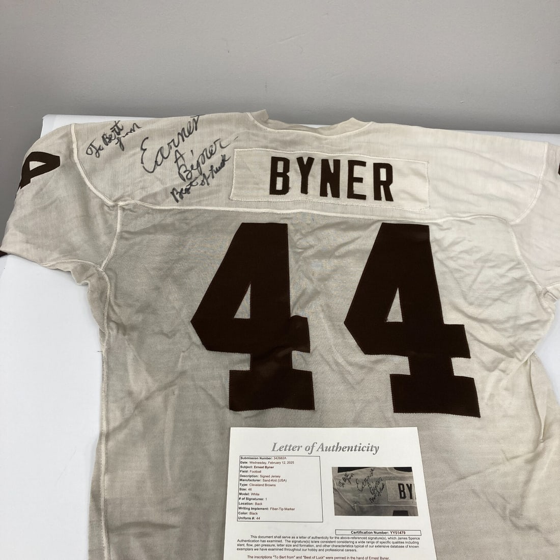 Earnest Byner Signed 1984 Cleveland Browns Game Issued Jersey JSA Certified: Earnest Byner Signed 1984 Cleveland Browns Game Issued Jersey JSA Certified This is an original game-issued sand-knit jersey from the 1984 Cleveland Browns, personally signed by Earnest Byner. The jer