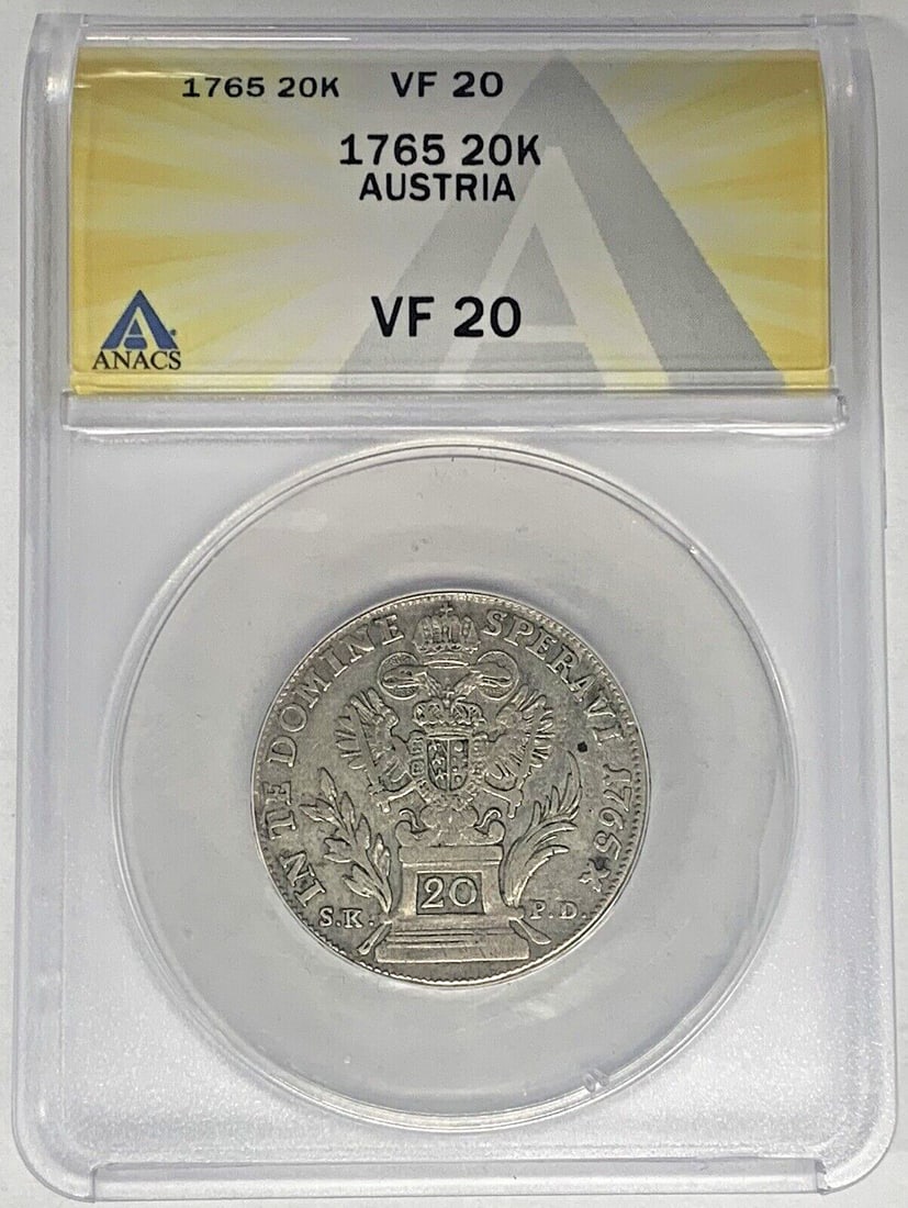 Silver 1765 20 Kreutzer Austria Coin ANACS Certified VF 20: Silver 1765 20 Kreutzer Austria Coin ANACS Certified VF 20 This 1765 Austria 20 Kreutzer coin is composed of silver and has been certified by ANACS with a grade of VF 20. The coin is circulated and or