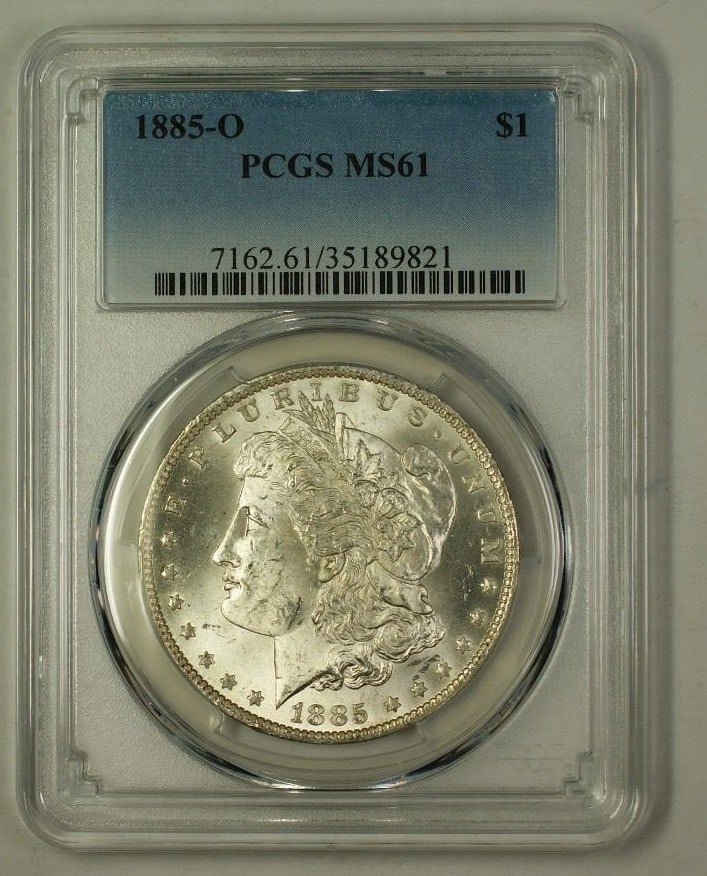 PCGS MS-61 1885-O Morgan Dollar Silver Coin New Orleans Mint: PCGS MS-61 1885-O Morgan Dollar Silver Coin New Orleans Mint This 1885-O Morgan Silver Dollar coin is graded MS 61 by PCGS and remains in uncirculated condition. Minted in New Orleans, it features a $