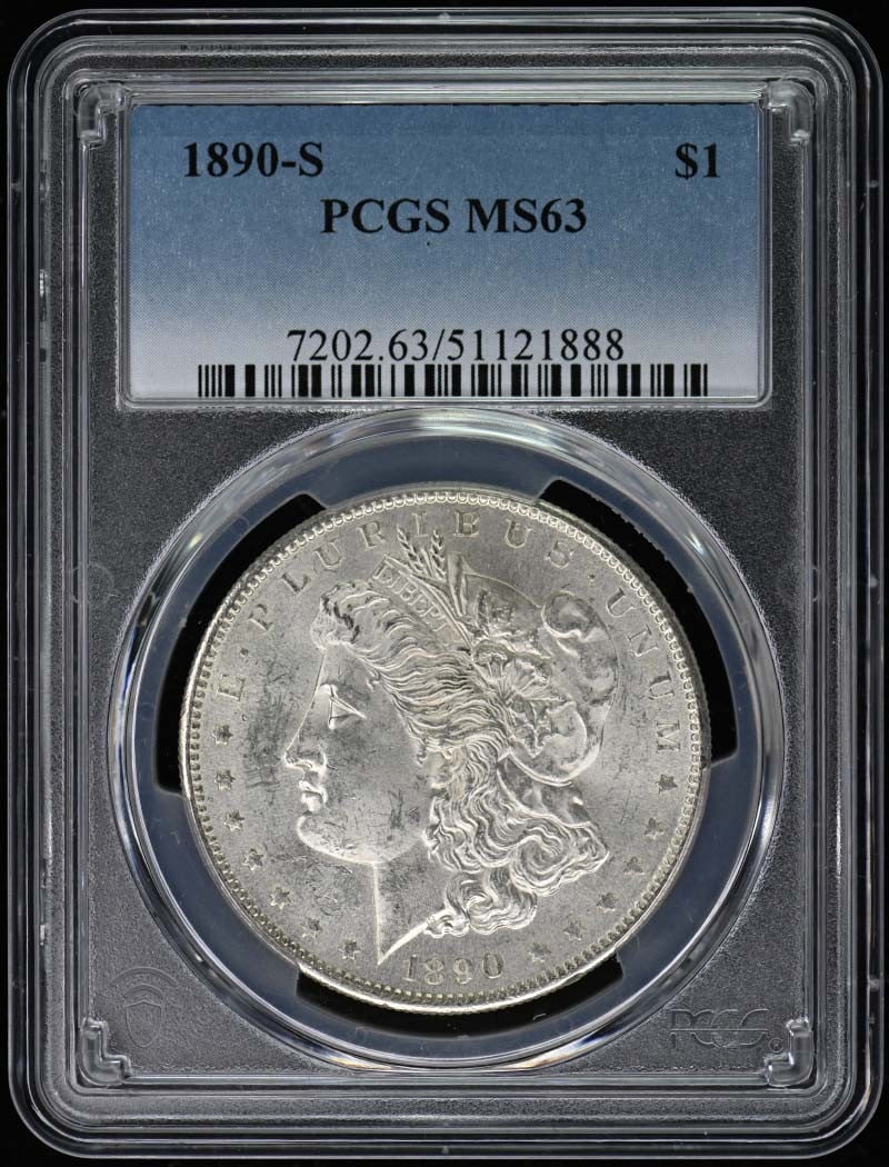 1890-S Morgan Dollar PCGS MS63 Certified Uncirculated Coin: 1890-S Morgan Dollar PCGS MS63 Certified Uncirculated Coin This 1890-S Morgan Dollar is graded MS63 by PCGS, reflecting its uncirculated condition. Minted in San Francisco, this iconic coin features t