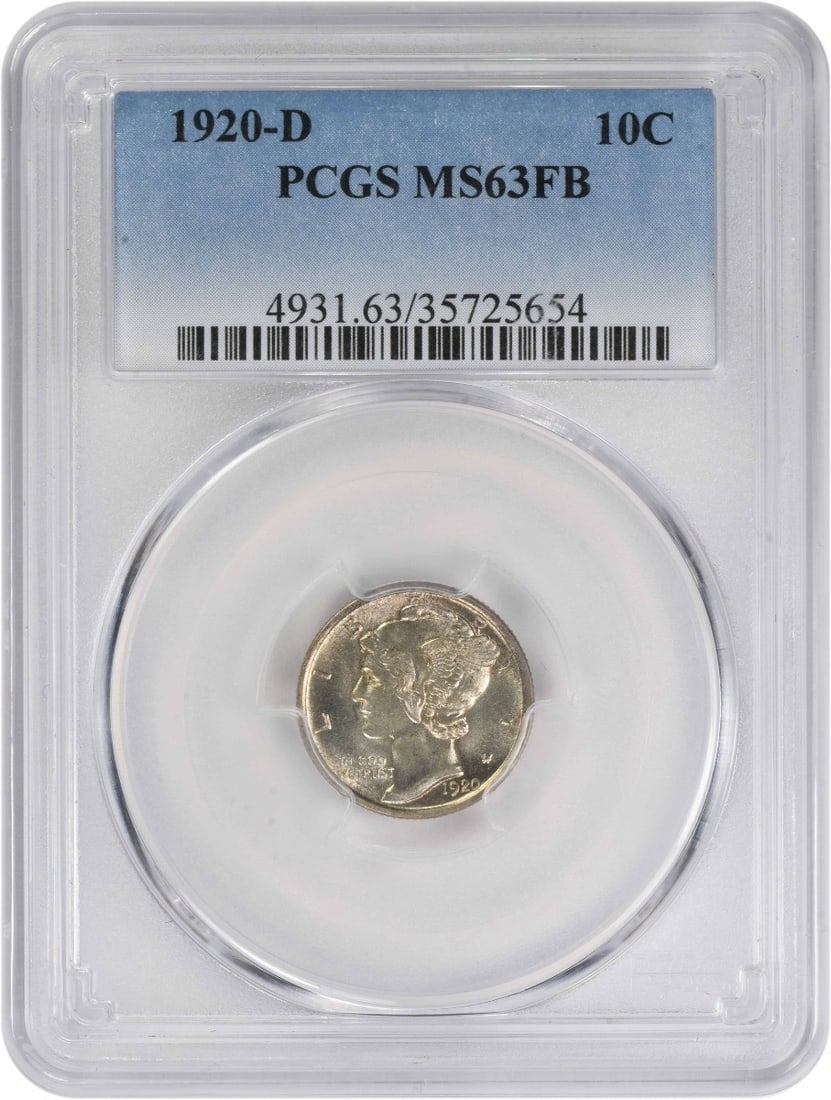 1920-D Mercury Dime MS63FB PCGS Certified 90% Silver Coin: 1920-D Mercury Dime MS63FB PCGS Certified 90% Silver Coin This 1920-D Mercury Silver Dime is a stunning example of numismatic artistry, featuring the iconic design by Adolph Alexander Weinman. Graded