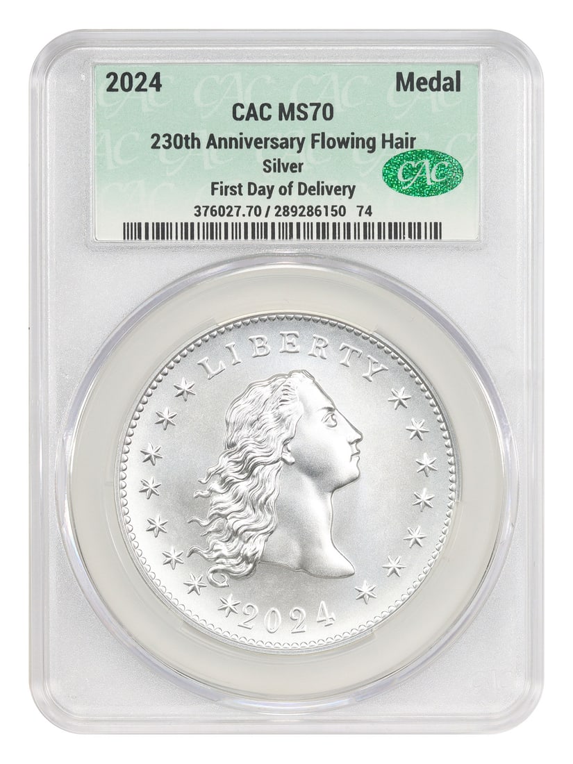 2024 Flowing Hair Silver Medal CACG MS70 230th Anniversary: 2024 Flowing Hair Silver Medal CACG MS70 230th Anniversary This 2024 Silver Flowing Hair 230th Anniversary medal is a modern commemorative piece graded MS70 by CACG, indicating a flawless uncirculated
