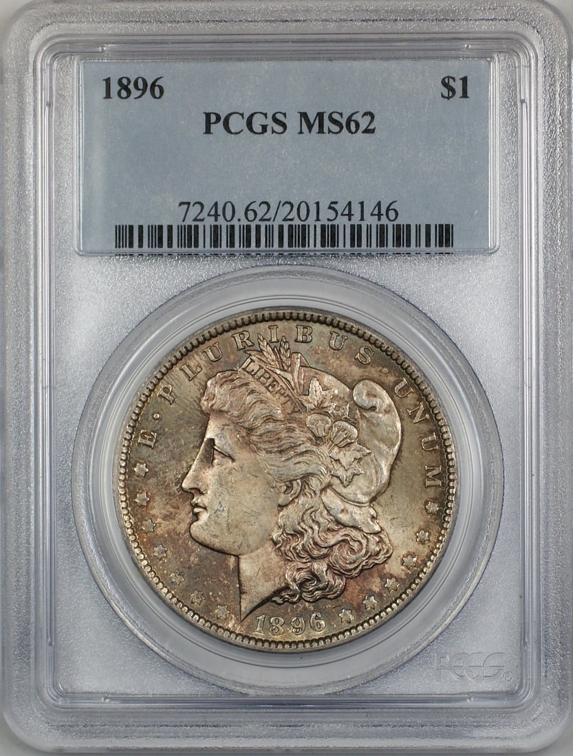 PCGS MS-62 1896 Philadelphia Morgan Silver Dollar with Toned Reverse: PCGS MS-62 1896 Philadelphia Morgan Silver Dollar with Toned Reverse This 1896 Morgan Silver Dollar features attractive toning, especially on the reverse. Certified by PCGS with a grade of MS-62, this