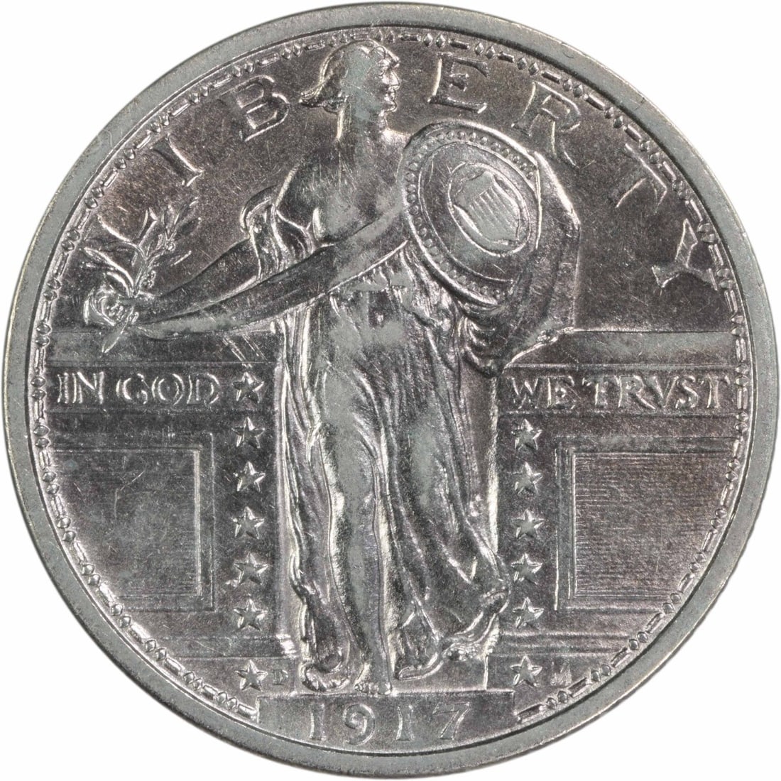 1917-D Standing Liberty Quarter 25C AU Uncertified Silver Coin: 1917-D Standing Liberty Quarter 25C AU Uncertified Silver Coin This 1917-D Standing Liberty Silver Quarter is a remarkable piece of American numismatic history, featuring a striking design by Hermon A
