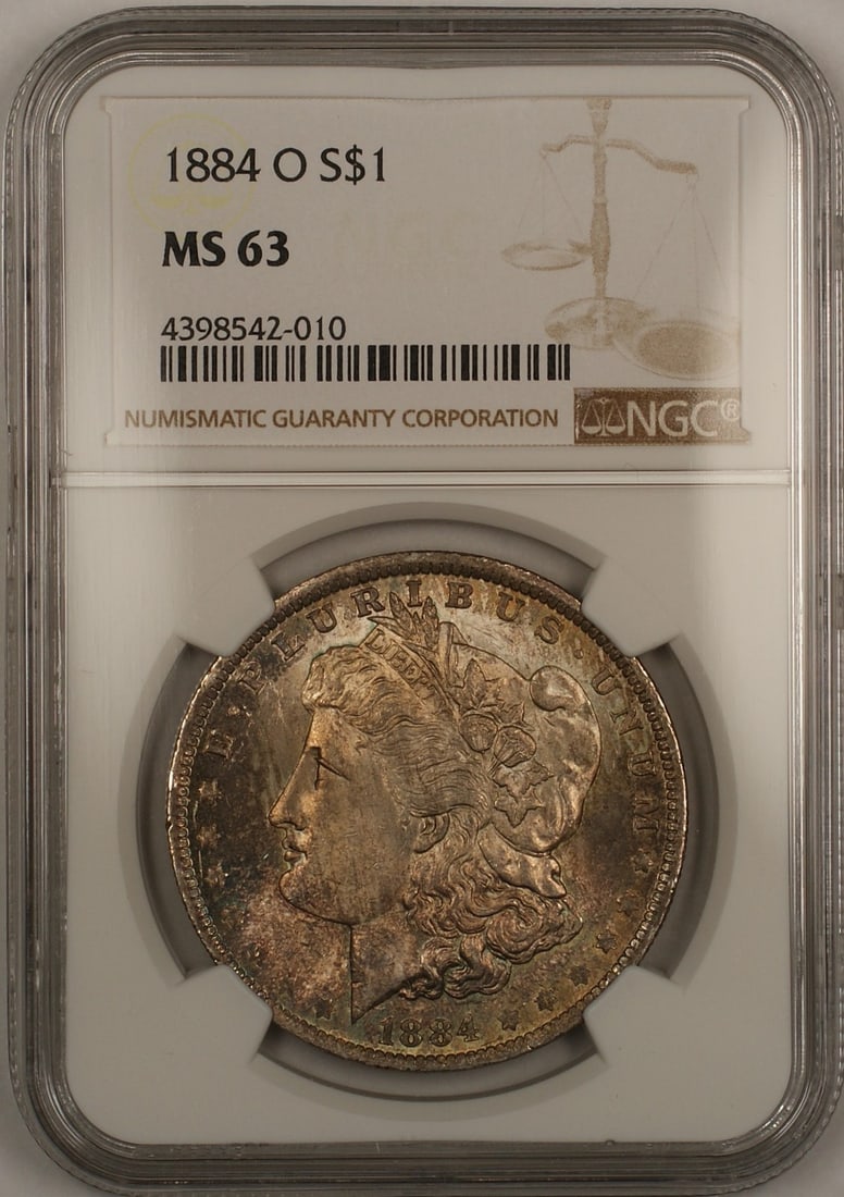 NGC MS 63 1884-O Silver Dollar from New Orleans Mint: NGC MS 63 1884-O Silver Dollar from New Orleans Mint This 1884-O Morgan Silver Dollar is an uncirculated $1 coin certified by NGC with a grade of MS 63. Minted in New Orleans, it features attractive t