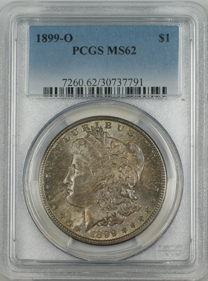 PCGS MS62 1899-O Morgan Dollar Toned Silver Coin from New Orleans Mint: PCGS MS62 1899-O Morgan Dollar Toned Silver Coin from New Orleans Mint This 1899-O Morgan Silver Dollar is graded MS-62 by PCGS and features attractive toning. Minted in New Orleans, this uncirculated
