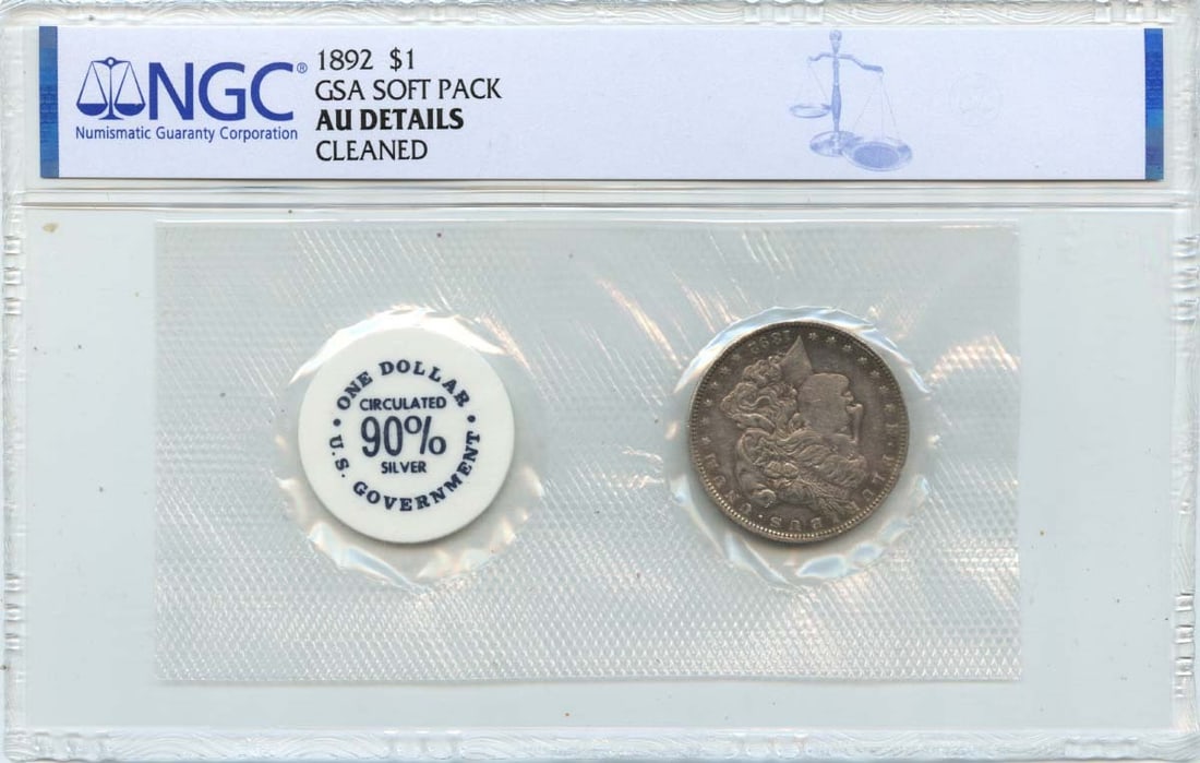 1892 NGC AU Details Morgan Dollar GSA Soft Pack Coin: 1892 NGC AU Details Morgan Dollar GSA Soft Pack Coin This 1892 Morgan Dollar is certified by NGC with a grade of AU Details, indicating its excellent condition. Struck at the Philadelphia mint, this c