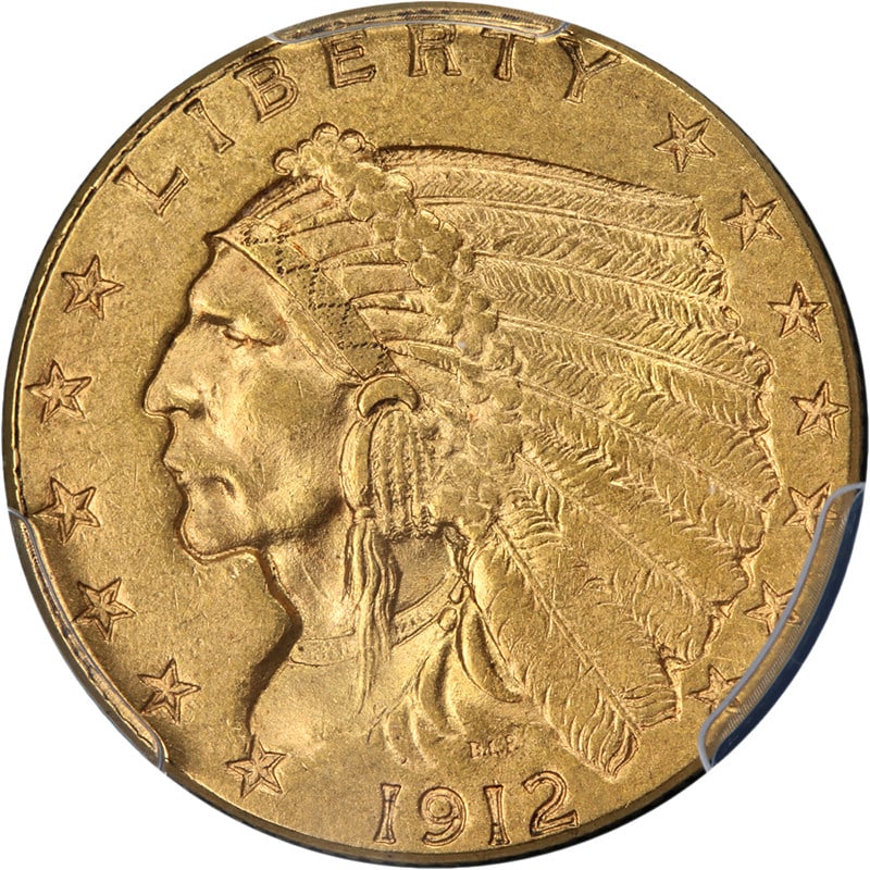 1912 Gold Indian Quarter Eagle PCGS MS61 United States $2.50 Coin: 1912 Gold Indian Quarter Eagle PCGS MS61 United States $2.50 Coin This original 1912 Indian Gold $2.50 coin features a PCGS MS61 grade, showcasing nice luster, appealing color, and well-preserved surf