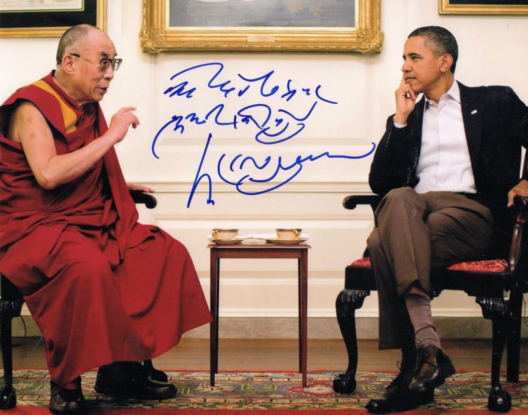 Dalai Lama Signed 11X14 Photo with Barack Obama JSA Authenticated: Dalai Lama Signed 11X14 Photo with Barack Obama JSA Authenticated This remarkable 11x14 photo captures a moment of dialogue between The Dalai Lama and Barack Obama, beautifully autographed by The Dala