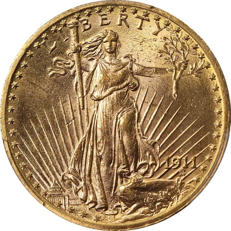 PCGS MS63 1911-D $20 Saint-Gaudens Gold Double Eagle Coin: PCGS MS63 1911-D $20 Saint-Gaudens Gold Double Eagle Coin This 1911-D Saint-Gaudens Gold $20 coin is certified by PCGS with a grade of MS63, indicating it is uncirculated. The coin features strong eye