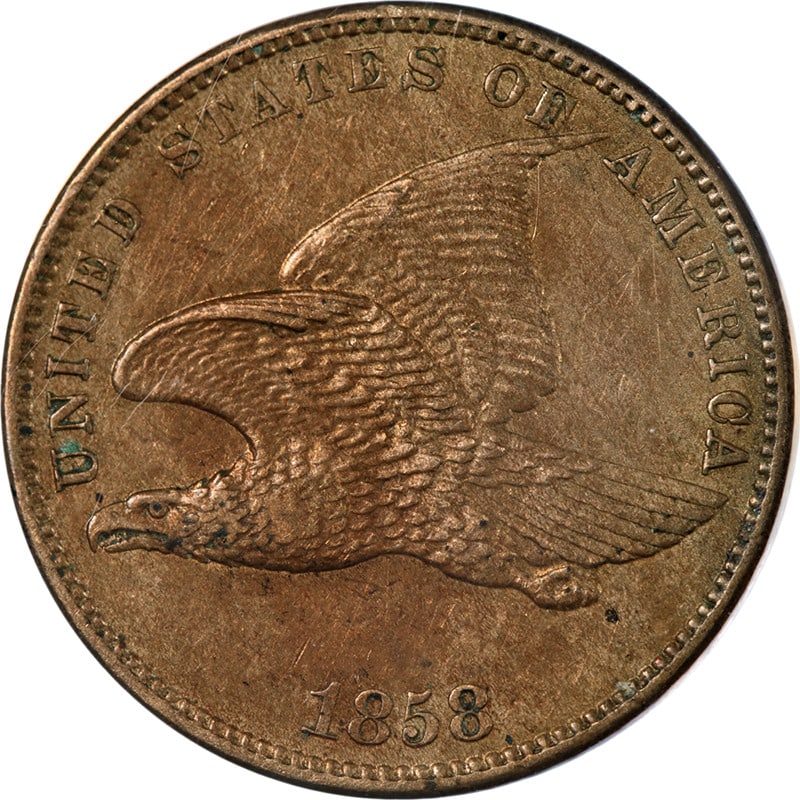 1858 Flying Eagle Cent Small Letters ANACS AU55 Strong Eye Appeal: 1858 Flying Eagle Cent Small Letters ANACS AU55 Strong Eye Appeal This stunning 1858 Flying Eagle Cent features small letters and is certified by ANACS with a grade of AU55. The coin exhibits superb e