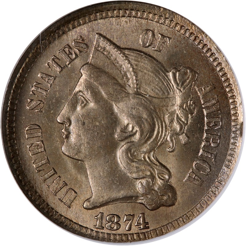 1874 Three Cent Nickel NGC MS64 Uncirculated With Great Eye Appeal: 1874 Three Cent Nickel NGC MS64 Uncirculated With Great Eye Appeal This stunning 1874 Three (3) Cent Nickel, graded NGC MS64, showcases exceptional eye appeal with striking luster and vibrant surfaces