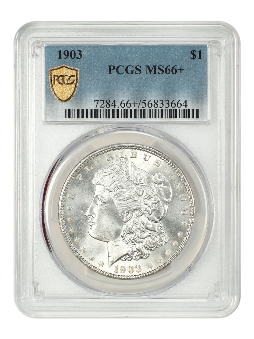 PCGS MS66 Plus 1903 Morgan Silver Dollar Philadelphia Mint: PCGS MS66 Plus 1903 Morgan Silver Dollar Philadelphia Mint This 1903 Morgan Dollar is a certified uncirculated coin graded MS66+ by PCGS. Struck in Philadelphia, this dollar features a flashy and lust
