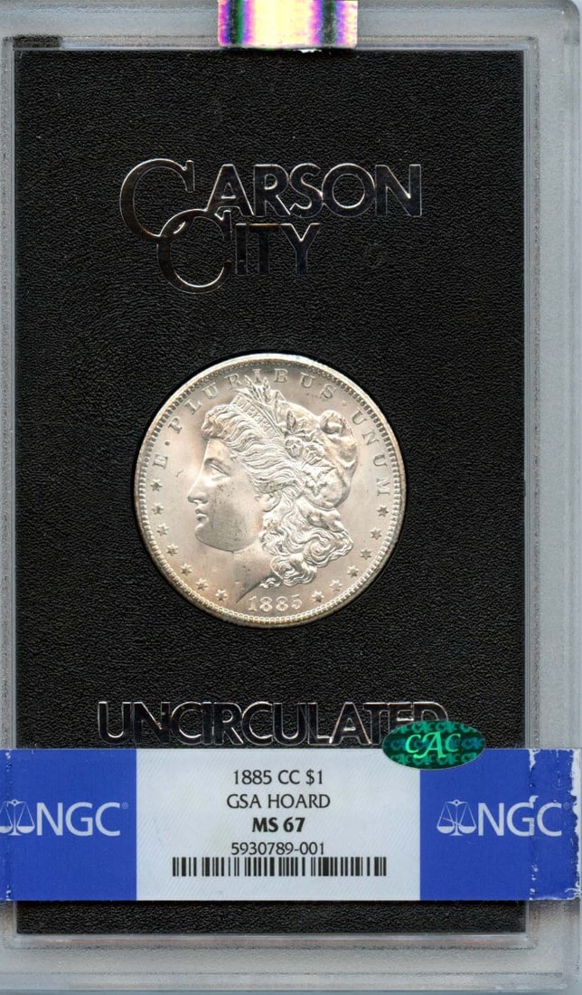 1885-CC Morgan Dollar NGC MS67 CAC Uncirculated Coin: 1885-CC Morgan Dollar NGC MS67 CAC Uncirculated Coin This exceptional 1885-CC Morgan Dollar from the GSA Hoard showcases a remarkable grade of MS67, certified by NGC with a CAC designation. Minted in