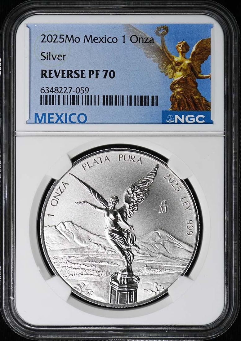 NGC Reverse Proof 2025 Mexico Silver Libertad Onza PR70 With 1900 Mintage: NGC Reverse Proof 2025 Mexico Silver Libertad Onza PR70 With 1900 Mintage This 2025 Mo Mexico Onza Silver Libertad is a certified coin graded PR70 by NGC. It is in un-used condition and has a mintage