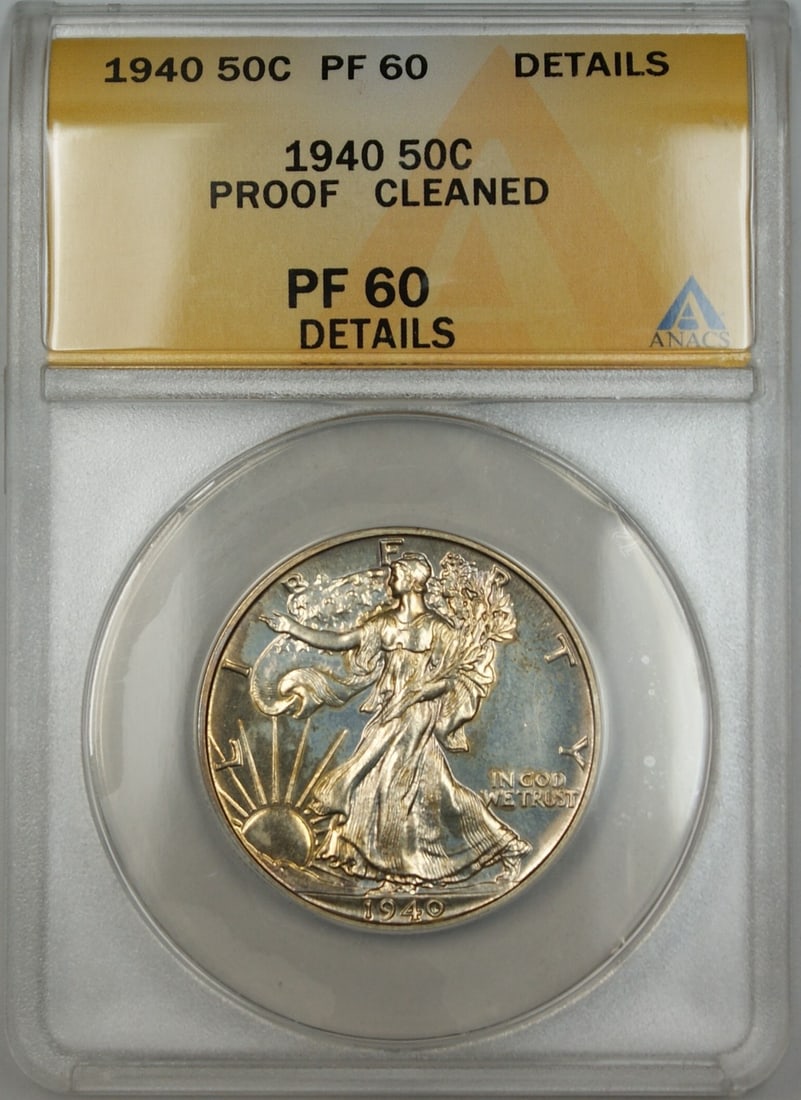 ANACS PF 60 Details 1940 Walking Liberty Silver Half Dollar Proof Coin: ANACS PF 60 Details 1940 Walking Liberty Silver Half Dollar Proof Coin This 1940 Walking Liberty Silver Half Dollar is certified by ANACS with a grade of PF-60 Details. Struck as a proof coin at the P