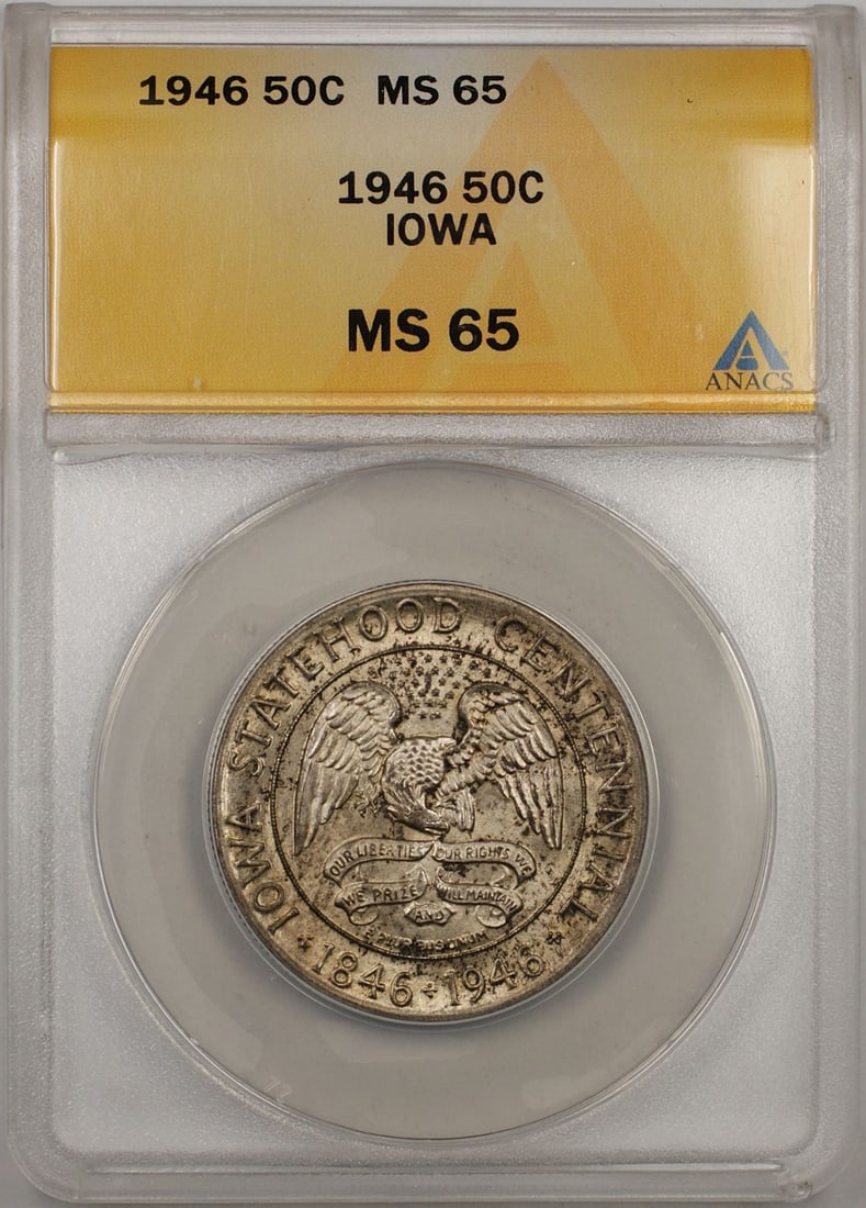 1946 Silver Iowa Half Dollar 50C ANACS MS 65 Philadelphia Toned: 1946 Silver Iowa Half Dollar 50C ANACS MS 65 Philadelphia Toned This 1946 Iowa Commemorative Half Dollar is a silver coin graded MS 65 by ANACS. Minted in Philadelphia, it commemorates Iowa and featur