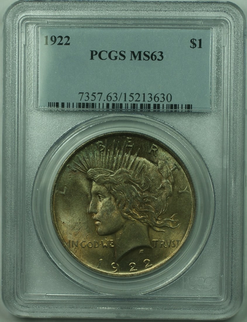 1922 Peace Dollar Silver $1 PCGS MS63 Toned Philadelphia Coin: 1922 Peace Dollar Silver $1 PCGS MS63 Toned Philadelphia Coin This is a 1922 Peace Silver Dollar $1 coin graded MS-63 by PCGS. The coin features a toned finish and was minted in Philadelphia. It is co