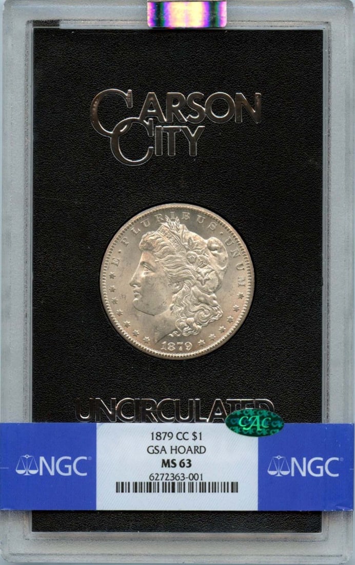 1879-CC Morgan Dollar NGC MS63 CAC Certified Uncirculated: 1879-CC Morgan Dollar NGC MS63 CAC Certified Uncirculated This stunning 1879-CC Morgan Dollar is graded MS63 by NGC, with an additional CAC designation for quality assurance. As an uncirculated coin f