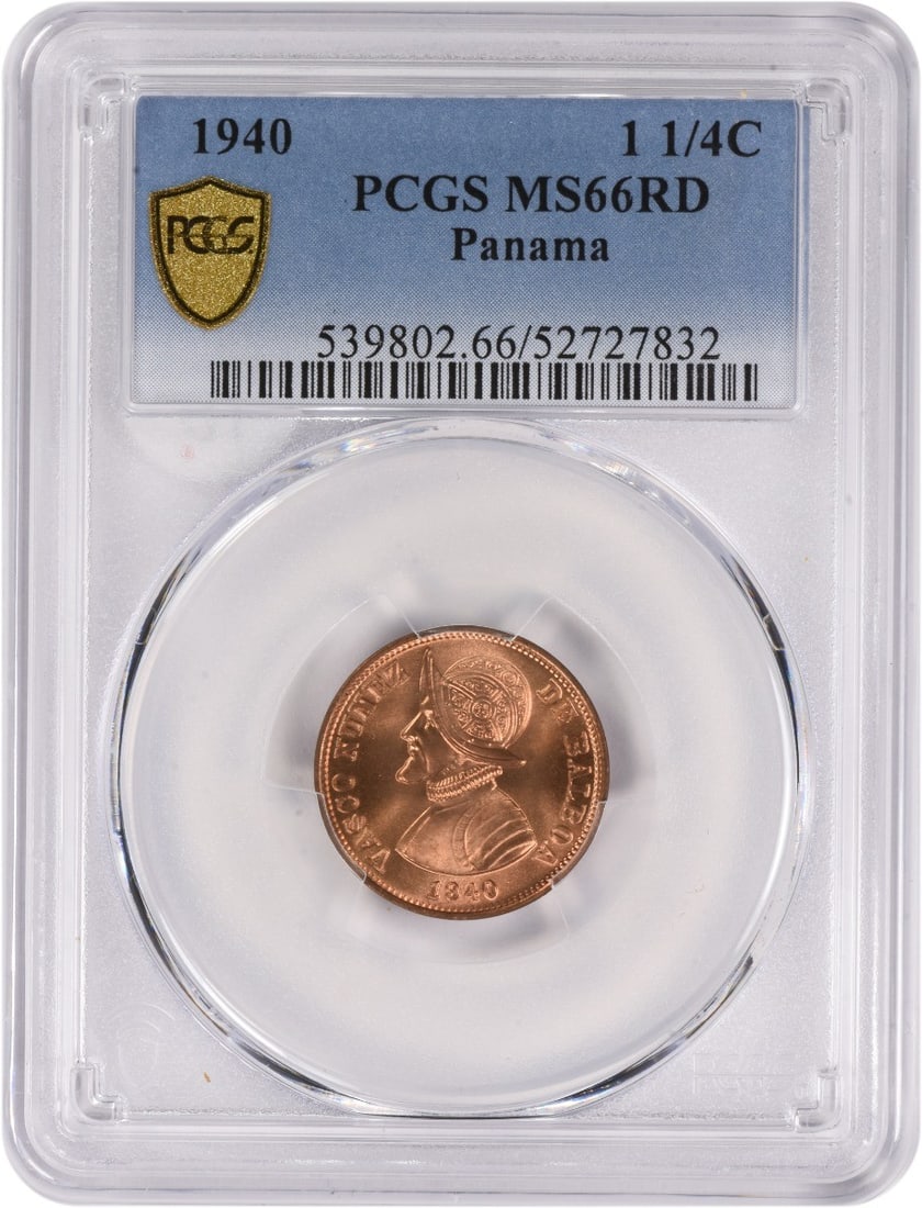 1940 Panama 1 1/4 Centesimo KM15 Coin MS66RD PCGS Certified: 1940 Panama 1 1/4 Centesimo KM15 Coin MS66RD PCGS Certified This 1940 Panama 1 1/4 Centesimo, cataloged as KM15, showcases a high-grade MS66RD certification from PCGS, indicating its excellent conditi