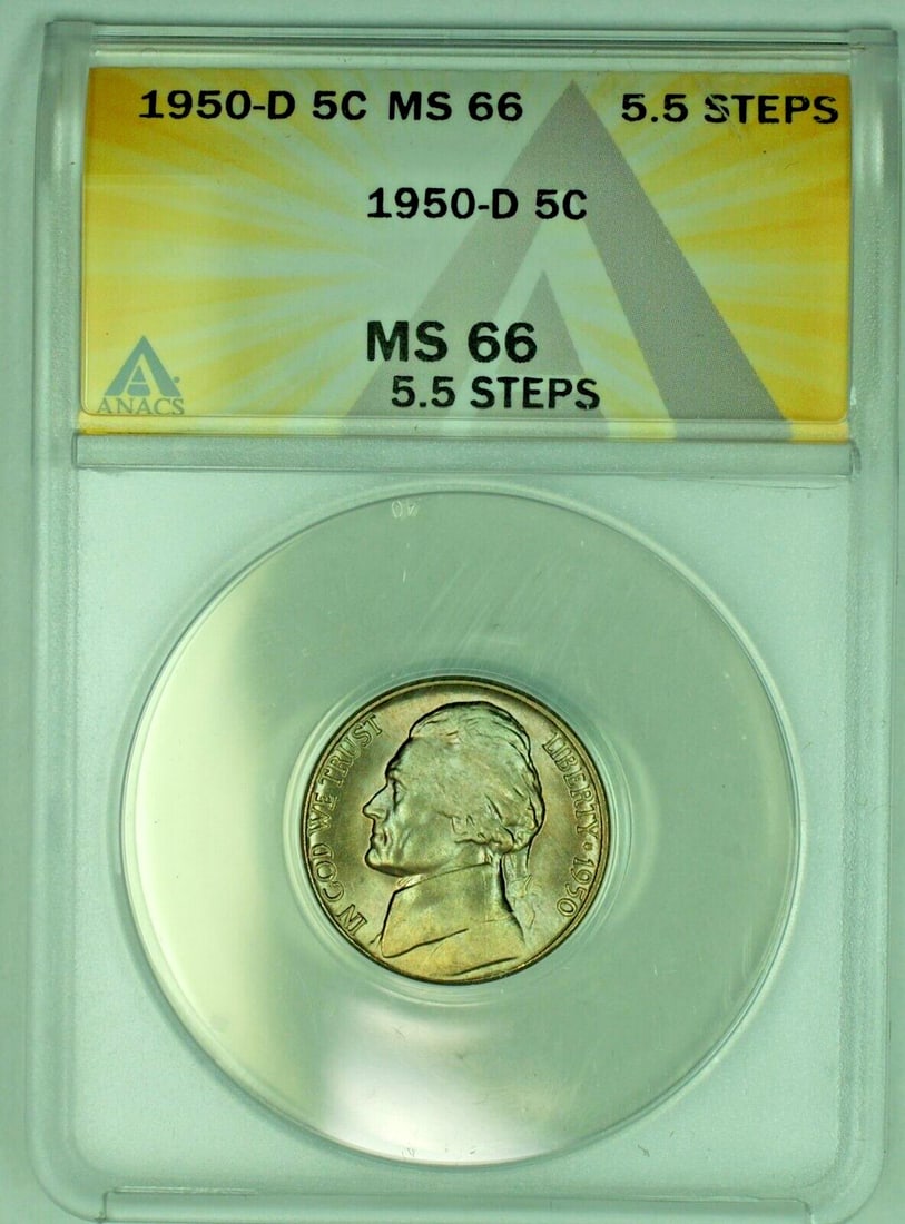 ANACS MS 66 1950-D Jefferson Nickel Toned Five Cent Coin: ANACS MS 66 1950-D Jefferson Nickel Toned Five Cent Coin This is a 1950-D Jefferson Nickel from the United States, featuring a toned finish. The coin is uncirculated and has been graded MS 66 by ANACS