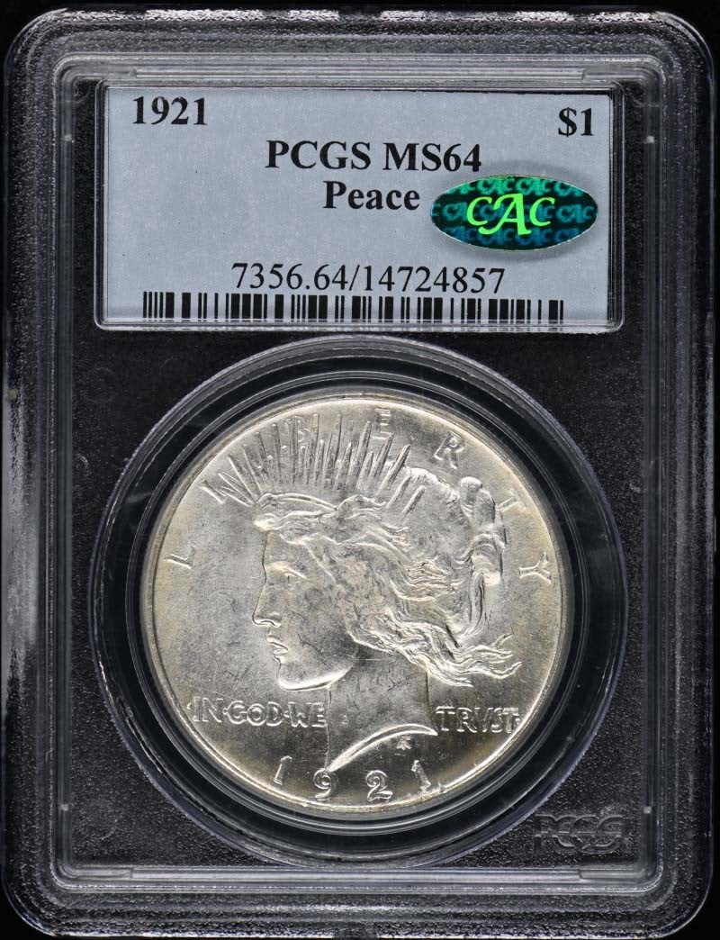 1921 Peace Dollar Type 1 High Relief PCGS MS64 CAC: 1921 Peace Dollar Type 1 High Relief PCGS MS64 CAC This stunning 1921 $1 Peace Dollar features a high relief design and is certified by PCGS with a grade of MS64. The coin, minted in Philadelphia, is