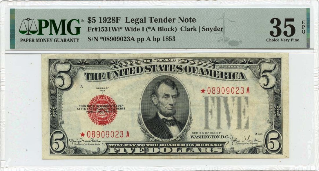 1928F $5 Legal Tender Note PMG VF35 Star Certification: 1928F $5 Legal Tender Note PMG VF35 Star Certification This is a 1928F $5 Legal Tender Note, certified by PMG with a grade of VF35. The note is classified as circulated and is a pre-owned item. As a l