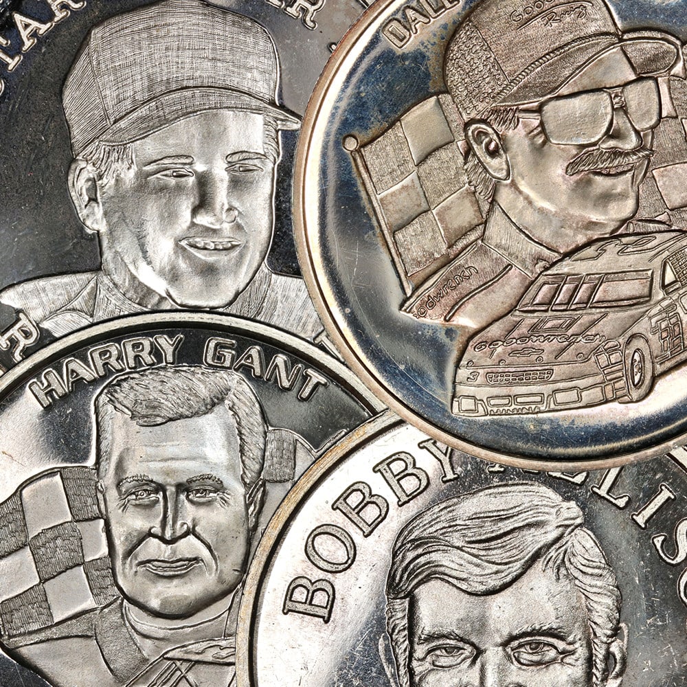 Set of 4 NASCAR 1oz 999 Silver Rounds Featuring Racing Legends: Set of 4 NASCAR 1oz 999 Silver Rounds Featuring Racing Legends This set features four 1 oz silver rounds honoring NASCAR racing greats Earnhardt, Allison, Rudd, and Gant. Each round is crafted from .9