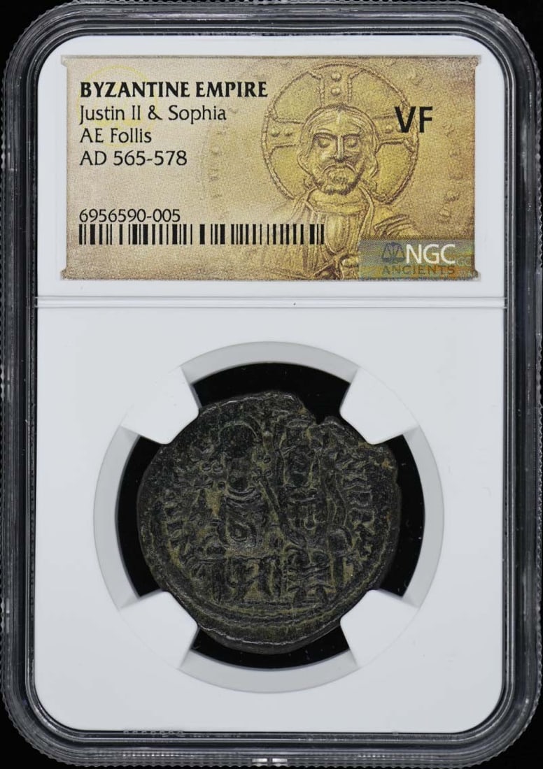Justin II Sophia Byzantine AE Follis Coin NGC VF20 AD 565-578: Justin II Sophia Byzantine AE Follis Coin NGC VF20 AD 565-578 This Byzantine coin features Justin II and Sophia, dating from AD 565 to 578. The coin is an AE Follis with a denomination of 40 Nummi, ce