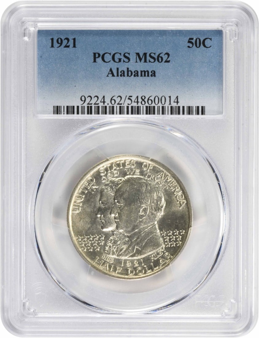 1921 Alabama Commemorative Silver Half Dollar MS62 PCGS Uncirculated: 1921 Alabama Commemorative Silver Half Dollar MS62 PCGS Uncirculated This Alabama Commemorative Silver Half Dollar, minted in 1921, is a notable piece for collectors. Graded MS62 by PCGS, this coin fe