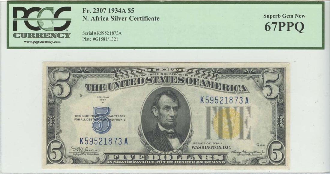 1934A $5 North Africa PCGS 67 PPQ Superb GEM KA Block: 1934A $5 North Africa PCGS 67 PPQ Superb GEM KA Block This 1934A $5 North Africa note is a stunning example of currency in uncirculated condition, graded as MS67 by PCGS. The note features a premium p
