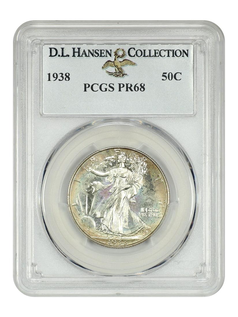 PCGS PR68 1938 Proof Walking Liberty Half Dollar ex D.L. Hansen: PCGS PR68 1938 Proof Walking Liberty Half Dollar ex D.L. Hansen This is a 1938 Walking Liberty Half Dollar, certified by PCGS as PR68 and originating from the D.L. Hansen collection. The coin is uncir