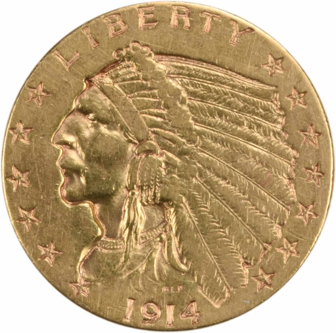 1914-D $2.50 Gold Indian Coin AU Uncertified Bela Lyon Pratt Design: 1914-D $2.50 Gold Indian Coin AU Uncertified Bela Lyon Pratt Design This 1914-D $2.50 Gold Indian coin is a remarkable piece of American numismatic history. Featuring a stunning design by Bela Lyon Pr