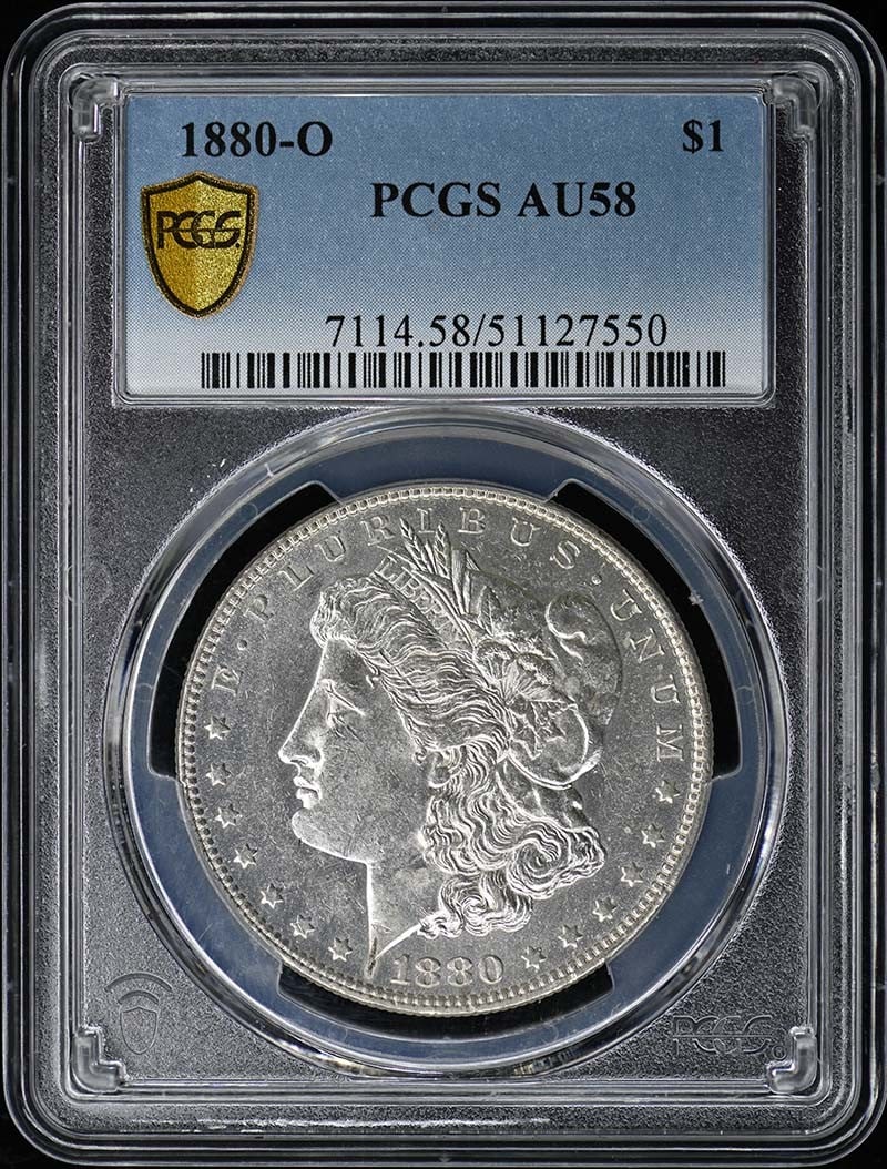 1880-O Morgan Dollar PCGS AU58 Certified Coin: 1880-O Morgan Dollar PCGS AU58 Certified Coin This 1880-O Morgan Dollar is certified by PCGS with a grade of AU58, indicating it has been circulated but remains in excellent condition. Struck at the N