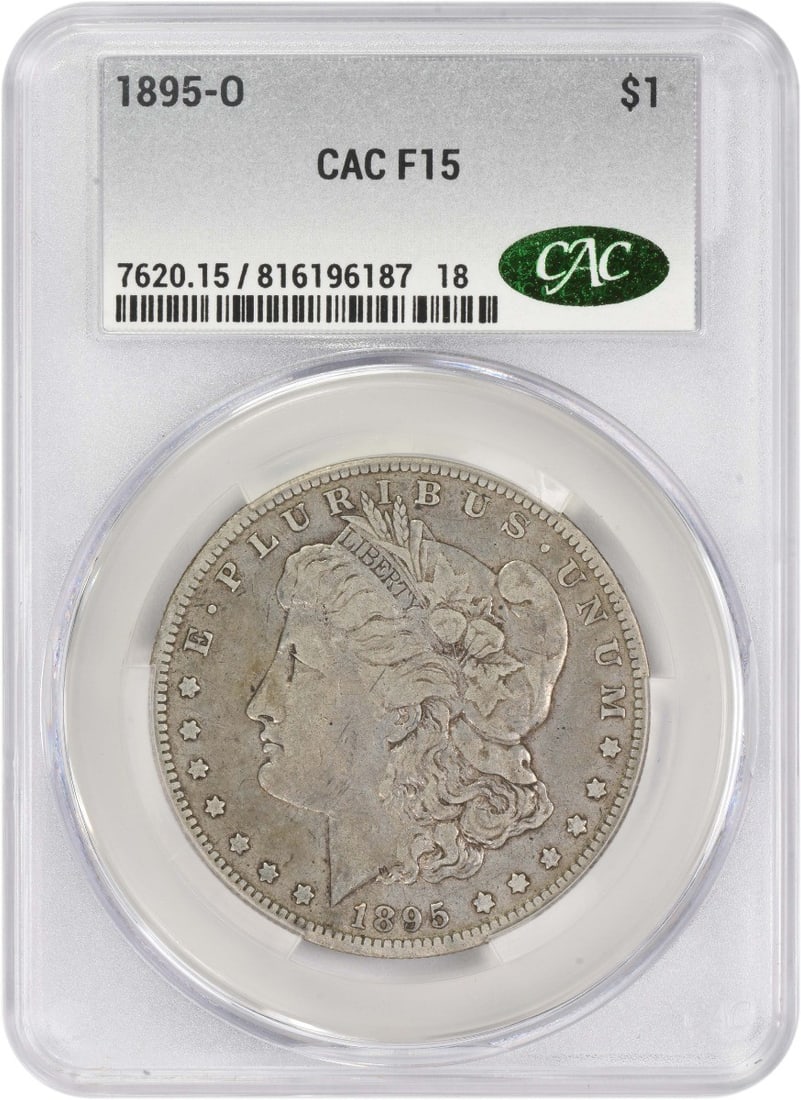 1895-O Morgan Silver Dollar F15 CACG 90% Silver Coin: 1895-O Morgan Silver Dollar F15 CACG 90% Silver Coin This 1895-O Morgan Silver Dollar is a beautifully circulated coin, certified by CACG, showcasing the artistry of designer George T. Morgan. Minted