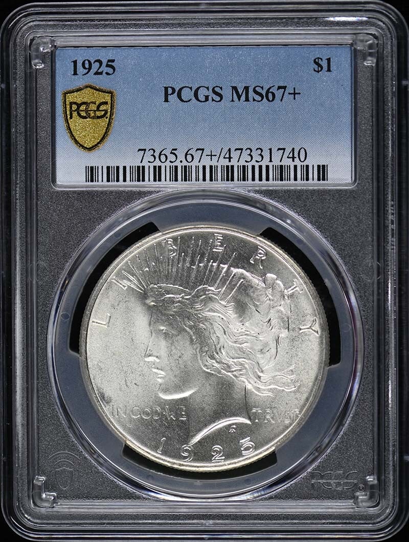 1925 Peace Dollar PCGS MS67+ Uncirculated Philadelphia Mint: 1925 Peace Dollar PCGS MS67+ Uncirculated Philadelphia Mint This 1925 $1 Peace Dollar is graded MS67+ by PCGS, signifying an exceptional condition with minimal contact marks and high visual appeal. Th