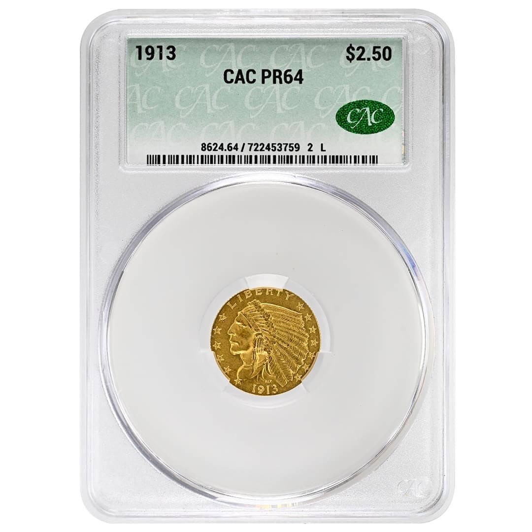 1913 Indian Head $2.50 Gold Proof CACG PR65 Philadelphia Mint Coin: 1913 Indian Head $2.50 Gold Proof CACG PR65 Philadelphia Mint Coin This is a rare 1913 $2.50 Indian gold coin from the United States, minted in Philadelphia. It features a proof strike and has been gr
