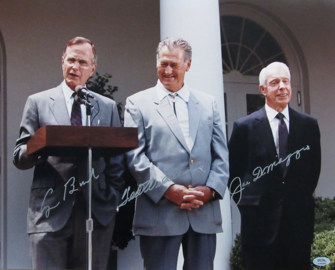 Williams DiMaggio Bush Multi-Signed 16x20 Photo PSA/DNA Authenticated: Williams DiMaggio Bush Multi-Signed 16x20 Photo PSA/DNA Authenticated This remarkable multi-signed 16x20 photo features the autographs of baseball legends Ted Williams and Joe DiMaggio, along with Pre